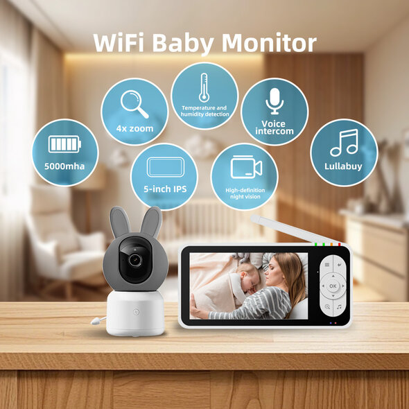 Smartlife Domotica Witte babyfoon met camera 1080p wifi met Tuya app, huildetectie en nachtzicht
