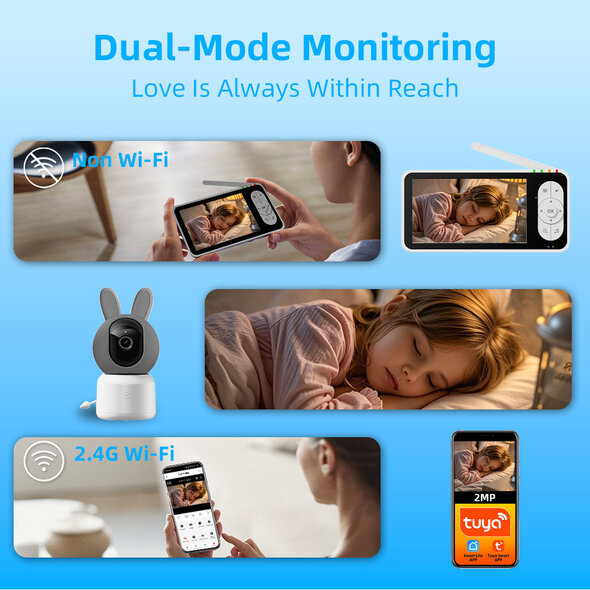 Smartlife Domotica Witte babyfoon met camera 1080p wifi met Tuya app, huildetectie en nachtzicht