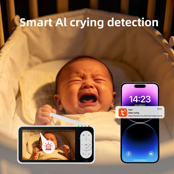 Smartlife Domotica Witte babyfoon met camera 1080p wifi met Tuya app, huildetectie en nachtzicht