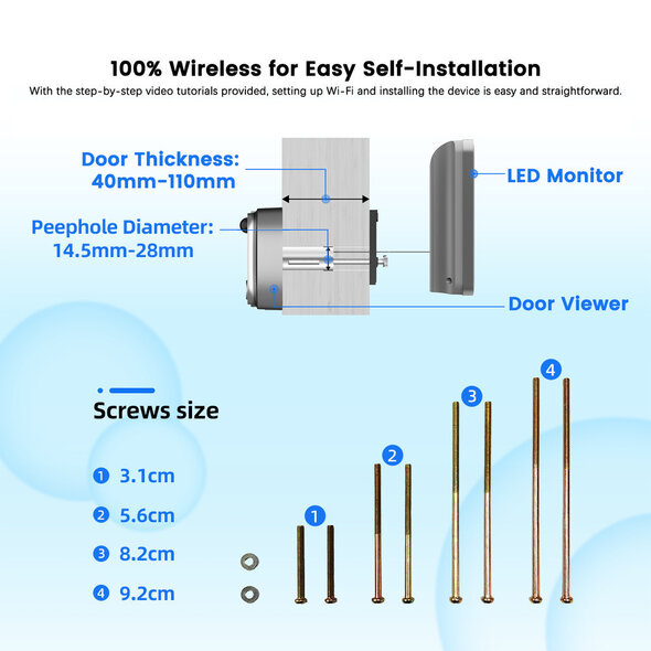 Smartlife Domotica Digitale deurspion voor deuren 35 tot 150 millimeter met 3MP camera nachtzicht en WiFi verbinding