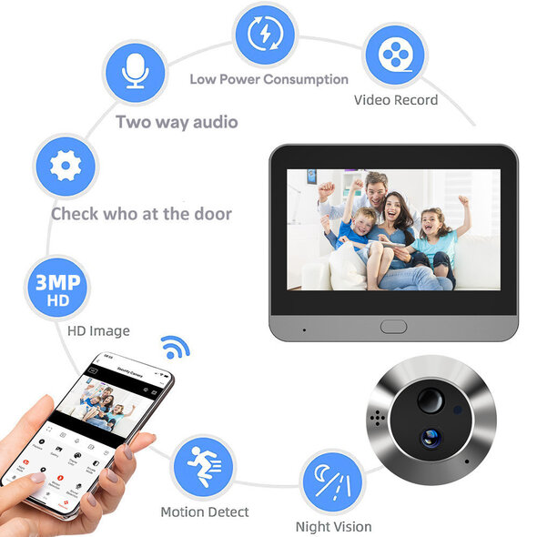 Smartlife Domotica Digitale deurspion voor deuren 35 tot 150 millimeter met 3MP camera nachtzicht en WiFi verbinding