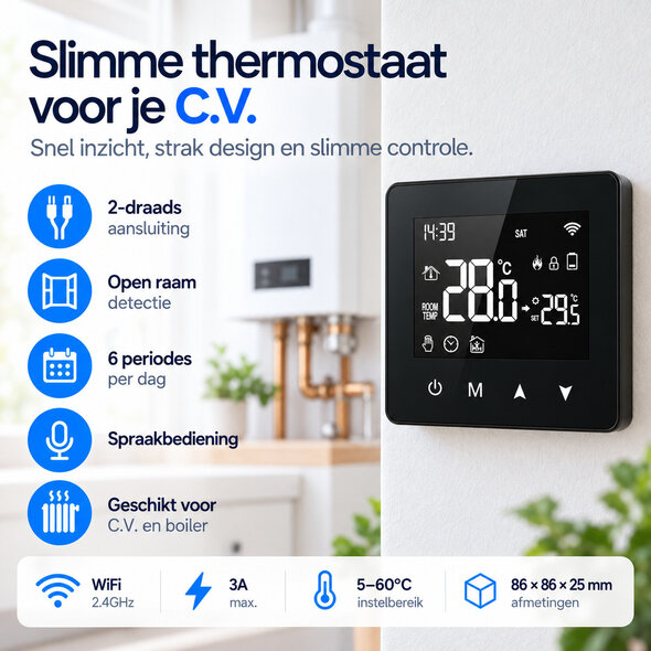 Smartlife Domotica Slimme thermostaat voor CV aan/uit, opbouw, wifi 2,4 GHz, touchscreen, zwart