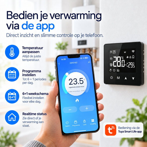 Smartlife Domotica Slimme thermostaat voor CV aan/uit, opbouw, wifi 2,4 GHz, touchscreen, zwart