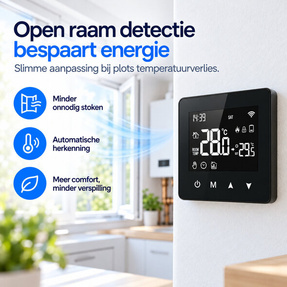 Smartlife Domotica Slimme thermostaat voor CV aan/uit, opbouw, wifi 2,4 GHz, touchscreen, zwart