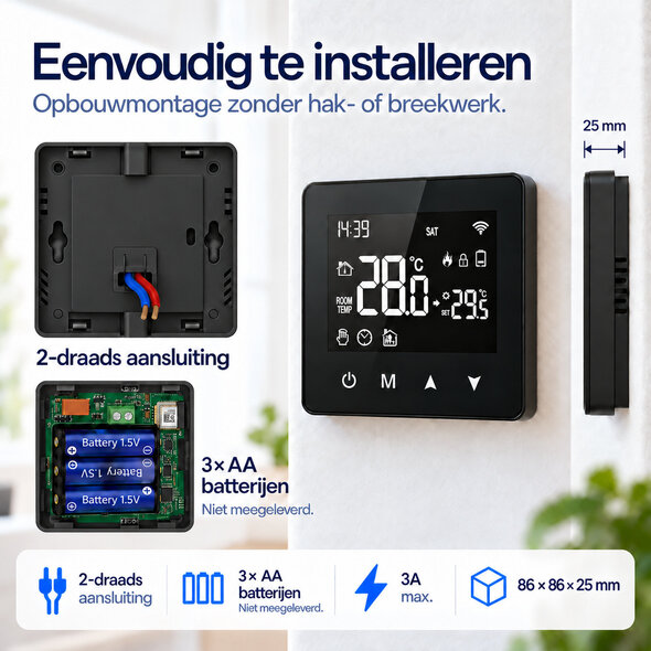 Smartlife Domotica Slimme thermostaat voor CV aan/uit, opbouw, wifi 2,4 GHz, touchscreen, zwart