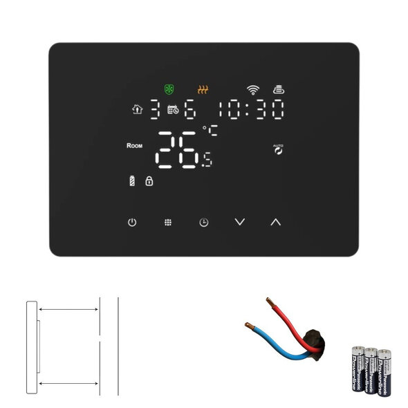 Smartlife Domotica Zigbee thermostaat voor CV met touchscreen en Tuya Smart Life, opbouw zwart