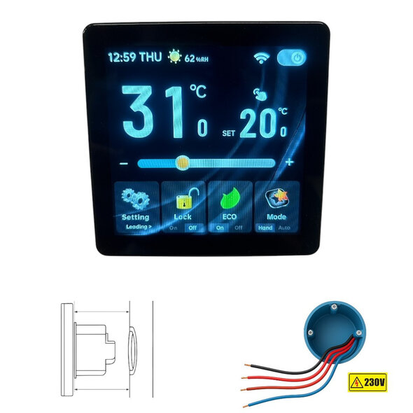 Smartlife Domotica Wifi inbouw thermostaat voor cv ketel met touchscreen en app bediening zwart