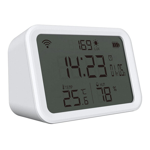 Smartlife Domotica WiFi 4in1 meter voor temperatuur, luchtvochtigheid, lumen en wekkerfunctie - Wit