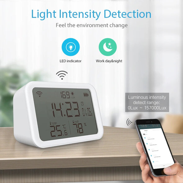 Smartlife Domotica WiFi 4in1 meter voor temperatuur, luchtvochtigheid, lumen en wekkerfunctie - Wit