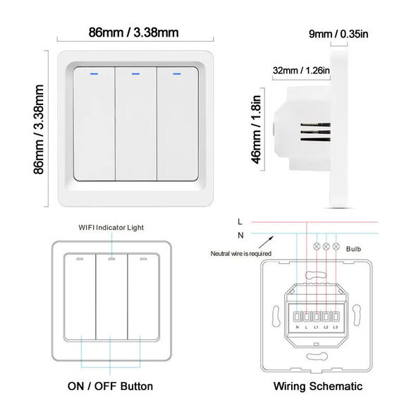 Smartlife Domotica Inbouw WiFi lichtschakelaar 1 knops, geen nuldraad, Tuya Smart Life compatibel, wit