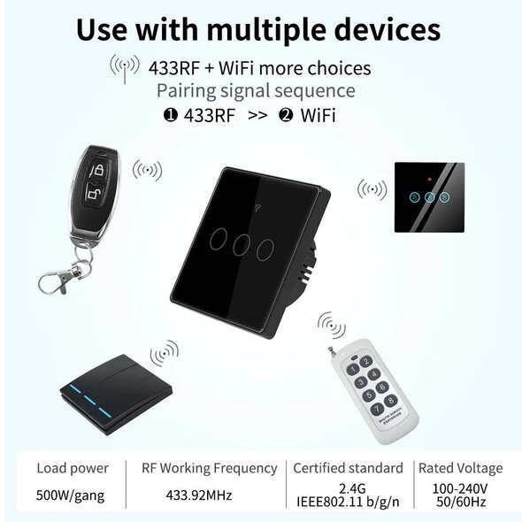 Smartlife Domotica WiFi touch lichtschakelaar 2-knops wit zonder nuldraad, gehard glazen paneel