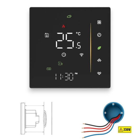 Smartlife Domotica Inbouw thermostaat voor C V installatie met touchscreen app en spraakbediening energiezuinig zwart