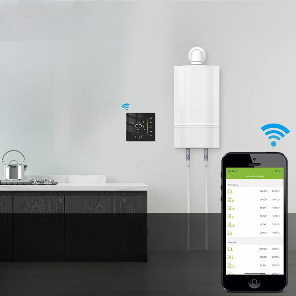 Smartlife Domotica Inbouw thermostaat voor C V installatie met touchscreen app en spraakbediening energiezuinig zwart