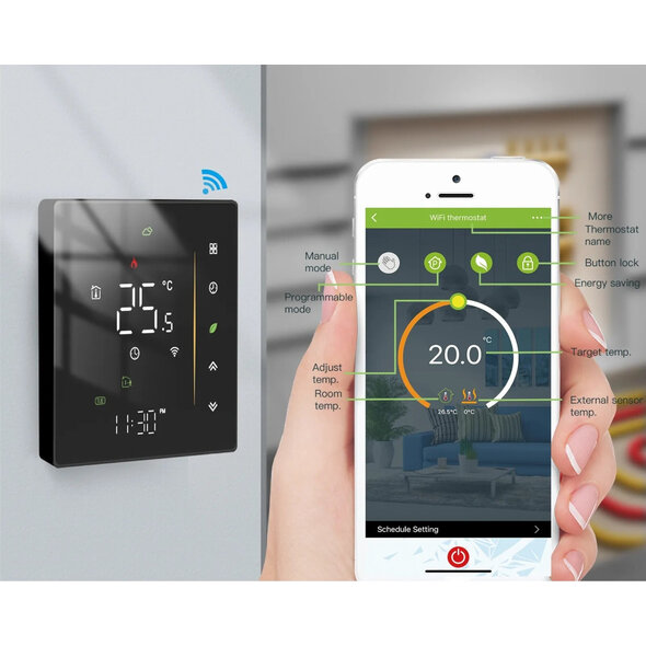 Smartlife Domotica Inbouw thermostaat voor C V installatie met touchscreen app en spraakbediening energiezuinig zwart