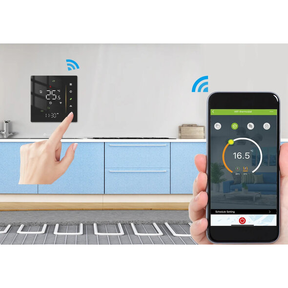 Smartlife Domotica Inbouw thermostaat voor C V installatie met touchscreen app en spraakbediening energiezuinig zwart
