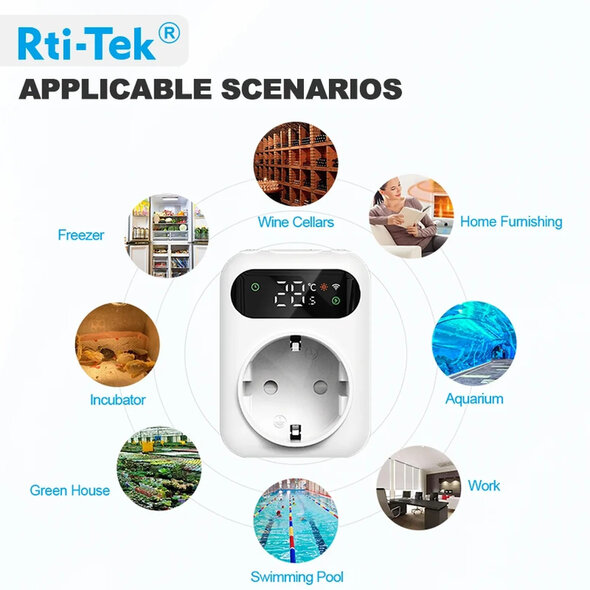 Smartlife Domotica Stekkerthermostaat met NTC-sensor en Tuya Smart Life-app, 10A, Wit