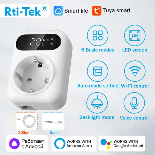 Smartlife Domotica Stekkerthermostaat met NTC-sensor en Tuya Smart Life-app, 10A, Wit
