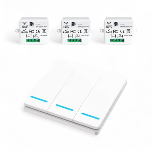Smartlife Domotica Draadloze schakelaar met RF 433 MHz en 3 knoppen, inclusief ontvanger 10A (wit)