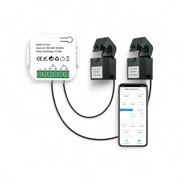 Smartlife Domotica Energiemeter met 2 klemmen, WiFi 2.4GHz en 80A voor zonnepanelen (wit)