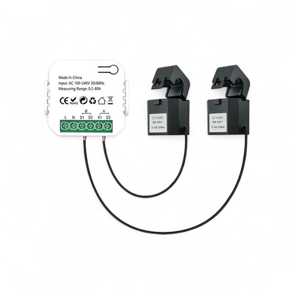 Smartlife Domotica Energiemeter met 2 klemmen, WiFi 2.4GHz en 80A voor zonnepanelen (wit)