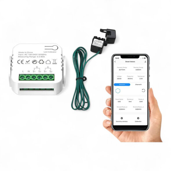 Smartlife Domotica Energiemeter met 2 klemmen, WiFi 2.4GHz en 80A voor zonnepanelen (wit)