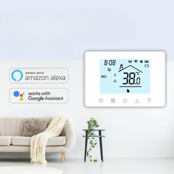 Smartlife Domotica Thermostaat voor CV en boiler met touchscreen draadloze bediening en app spraakbediening wit