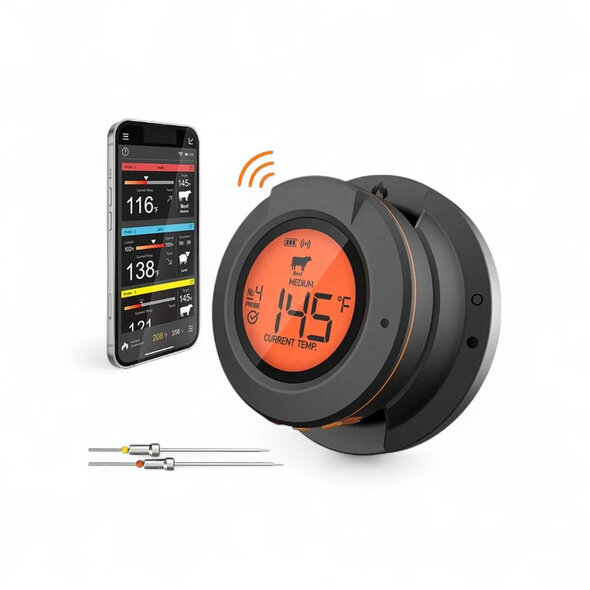 Smartlife Domotica Bluetooth Kamado Thermometer | Dome- en Kern Temperatuur | 2 Probes | 50m Bereik | 0–300°C | LCD Display | IP54 | BBQ, Oven, Smoker | App voor iOS & Android