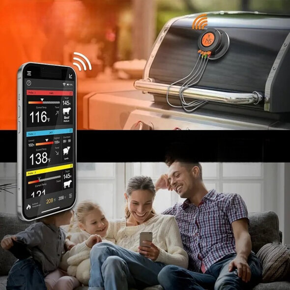 Smartlife Domotica Bluetooth Kamado Thermometer | Dome- en Kern Temperatuur | 2 Probes | 50m Bereik | 0–300°C | LCD Display | IP54 | BBQ, Oven, Smoker | App voor iOS & Android