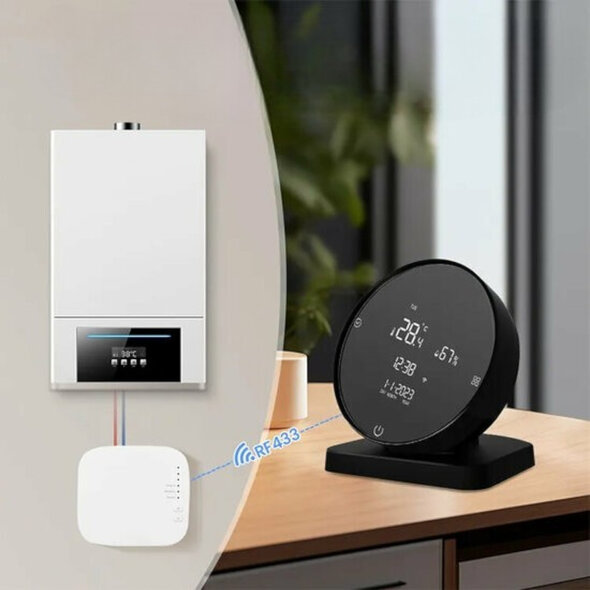 Smartlife Domotica Wifi Draadloze Ronde Thermostaat met Touchscreen voor C.V. Installatie (zwart)