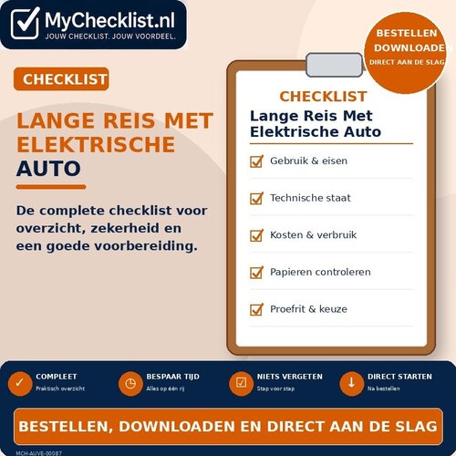 Checklist lange reis met elektrische auto met uitgebreide stappen en controlepunten