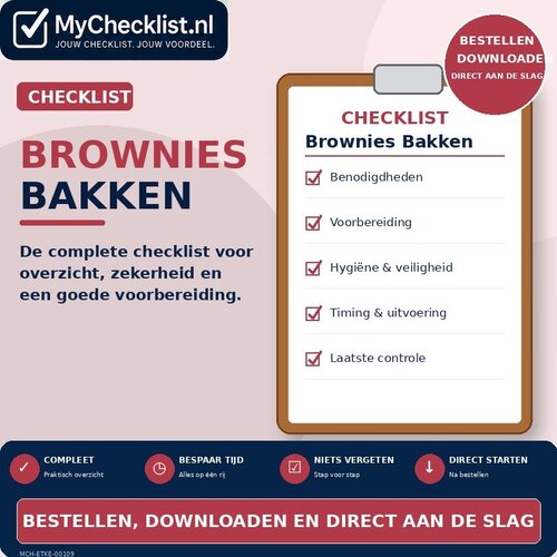 Checklist brownies bakken met uitgebreide stappen en controlepunten