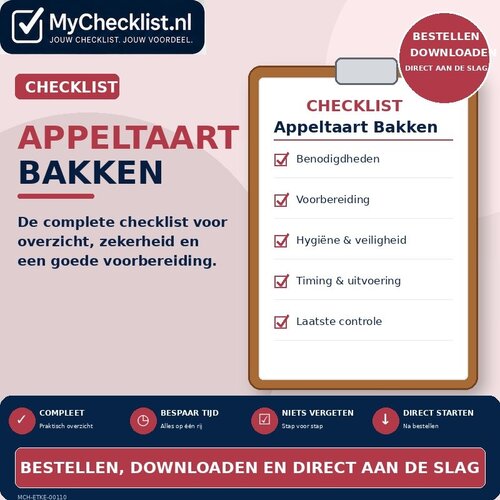 Checklist appeltaart bakken met uitgebreide stappen en controlepunten