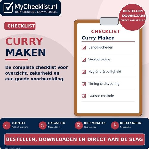 Checklist curry maken met uitgebreide stappen en controlepunten