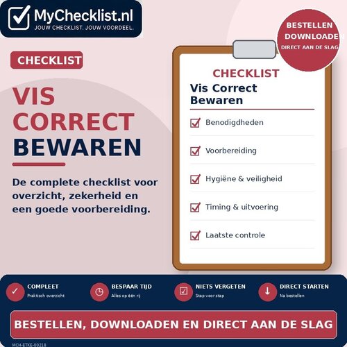 Checklist vis correct bewaren met uitgebreide stappen en controlepunten