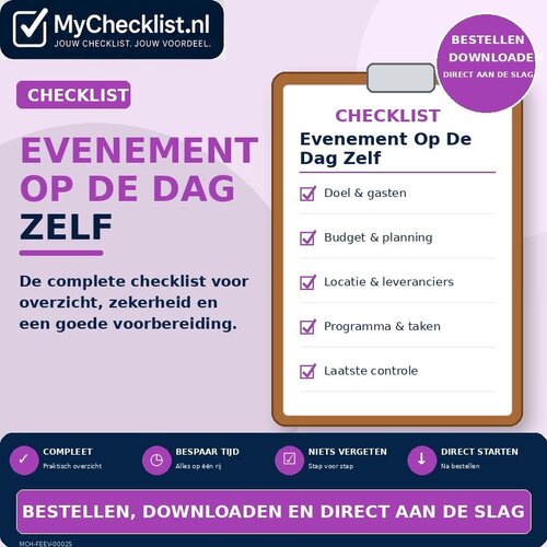 Checklist evenement op de dag zelf met uitgebreide stappen en controlepunten