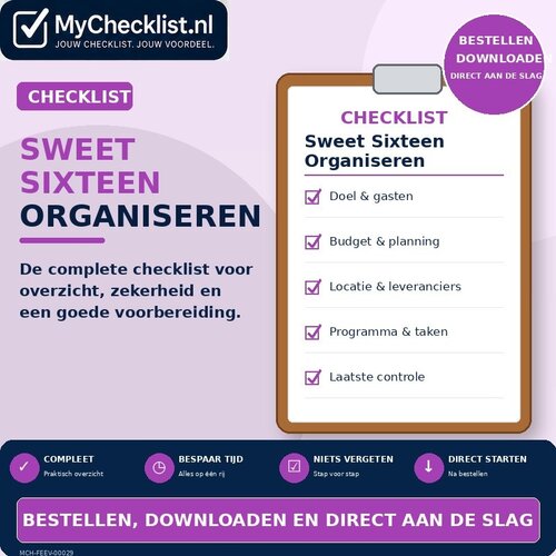 Checklist sweet sixteen organiseren met uitgebreide stappen en controlepunten