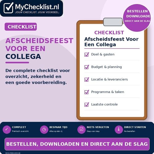 Checklist afscheidsfeest voor een collega met uitgebreide stappen en controlepunten