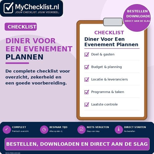 Checklist diner voor een evenement plannen met uitgebreide stappen en controlepunten