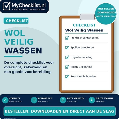 Checklist wol veilig wassen met uitgebreide stappen en controlepunten