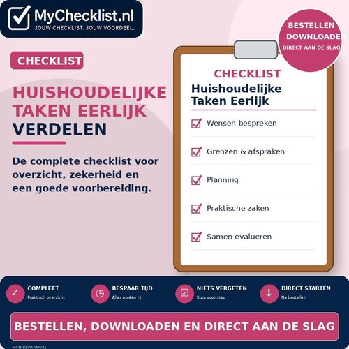 Checklist huishoudelijke taken eerlijk verdelen met uitgebreide stappen en controlepunten