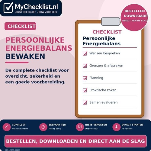 Checklist persoonlijke energiebalans bewaken met uitgebreide stappen en controlepunten
