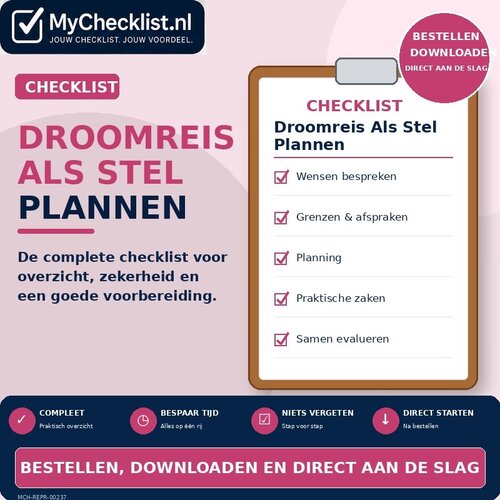 Checklist droomreis als stel plannen met uitgebreide stappen en controlepunten