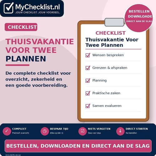 Checklist thuisvakantie voor twee plannen met uitgebreide stappen en controlepunten