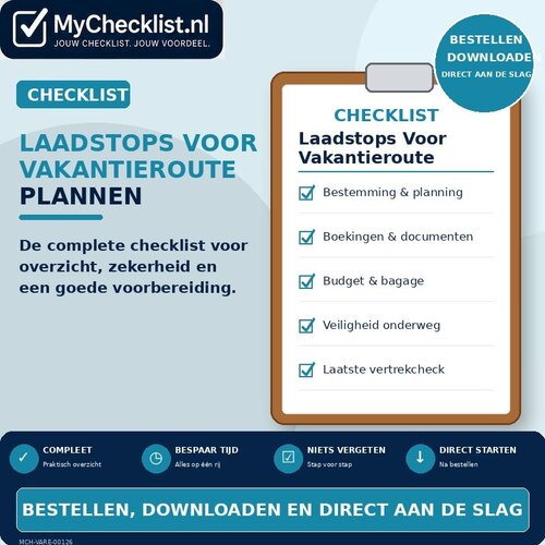Checklist laadstops voor vakantieroute plannen met uitgebreide stappen en controlepunten