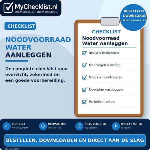 Checklist noodvoorraad water aanleggen met uitgebreide stappen en controlepunten