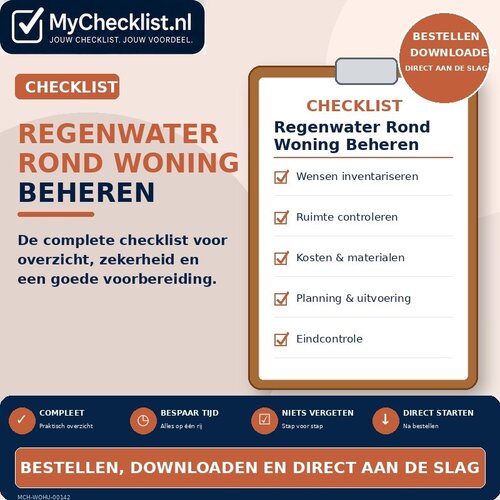 Checklist regenwater rond woning beheren met uitgebreide stappen en controlepunten