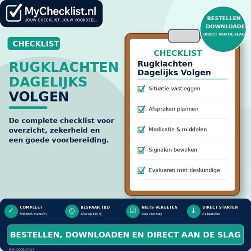 Checklist rugklachten dagelijks volgen met uitgebreide stappen en controlepunten