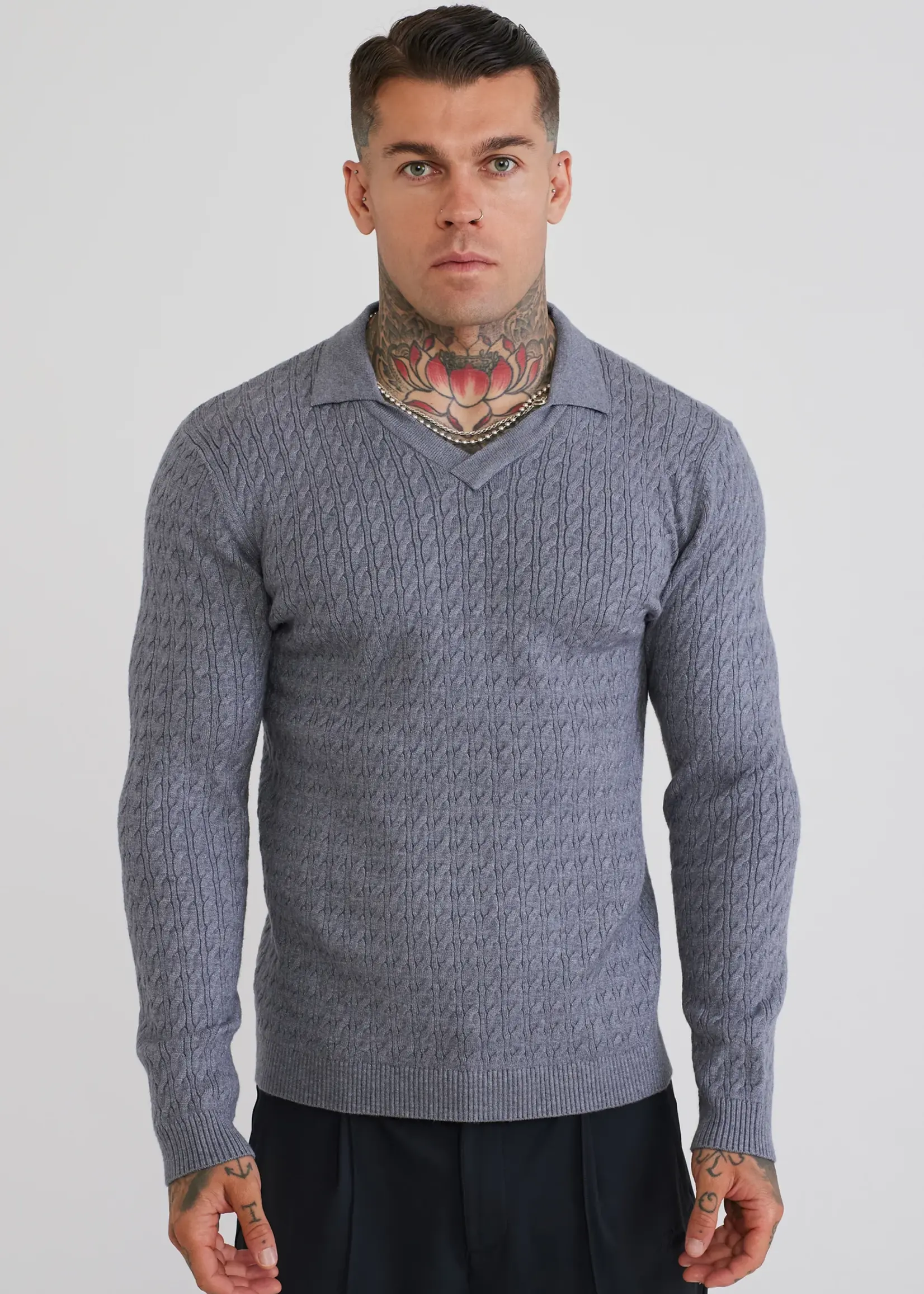 Siksilk gebreide v-hals trui grijs