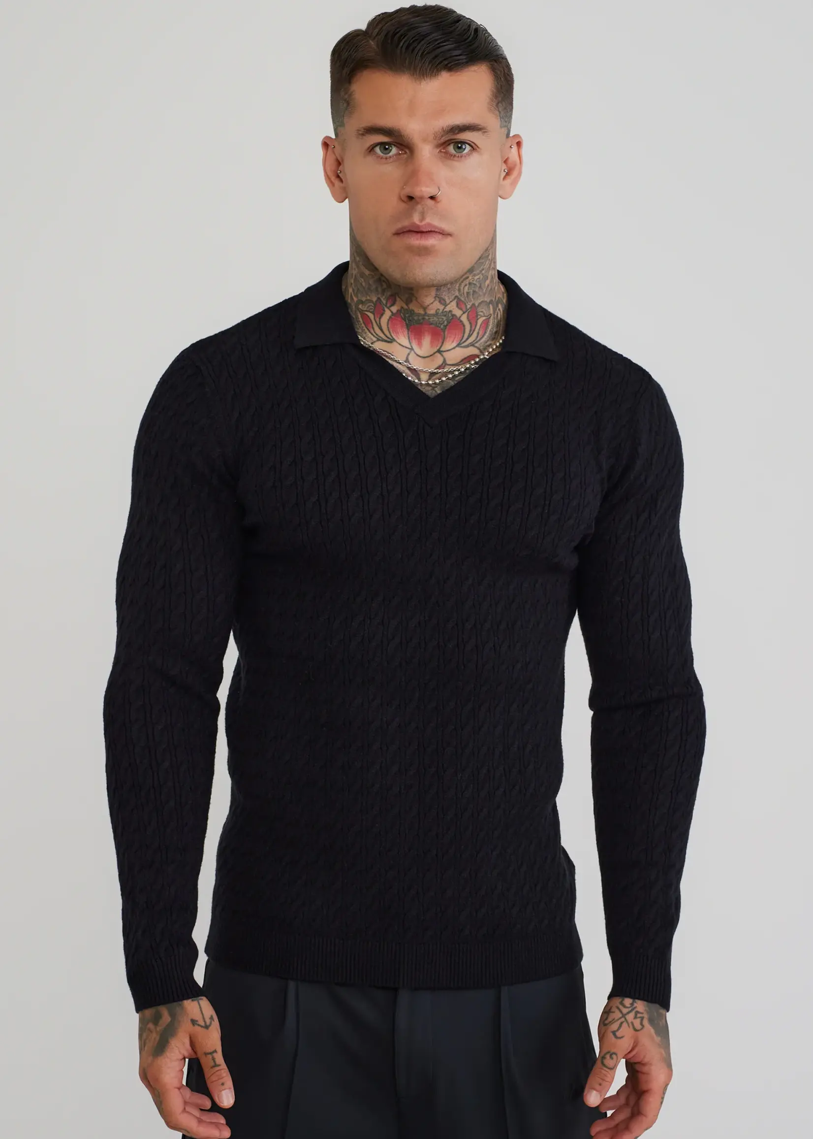 Siksilk gebreide v-hals trui zwart