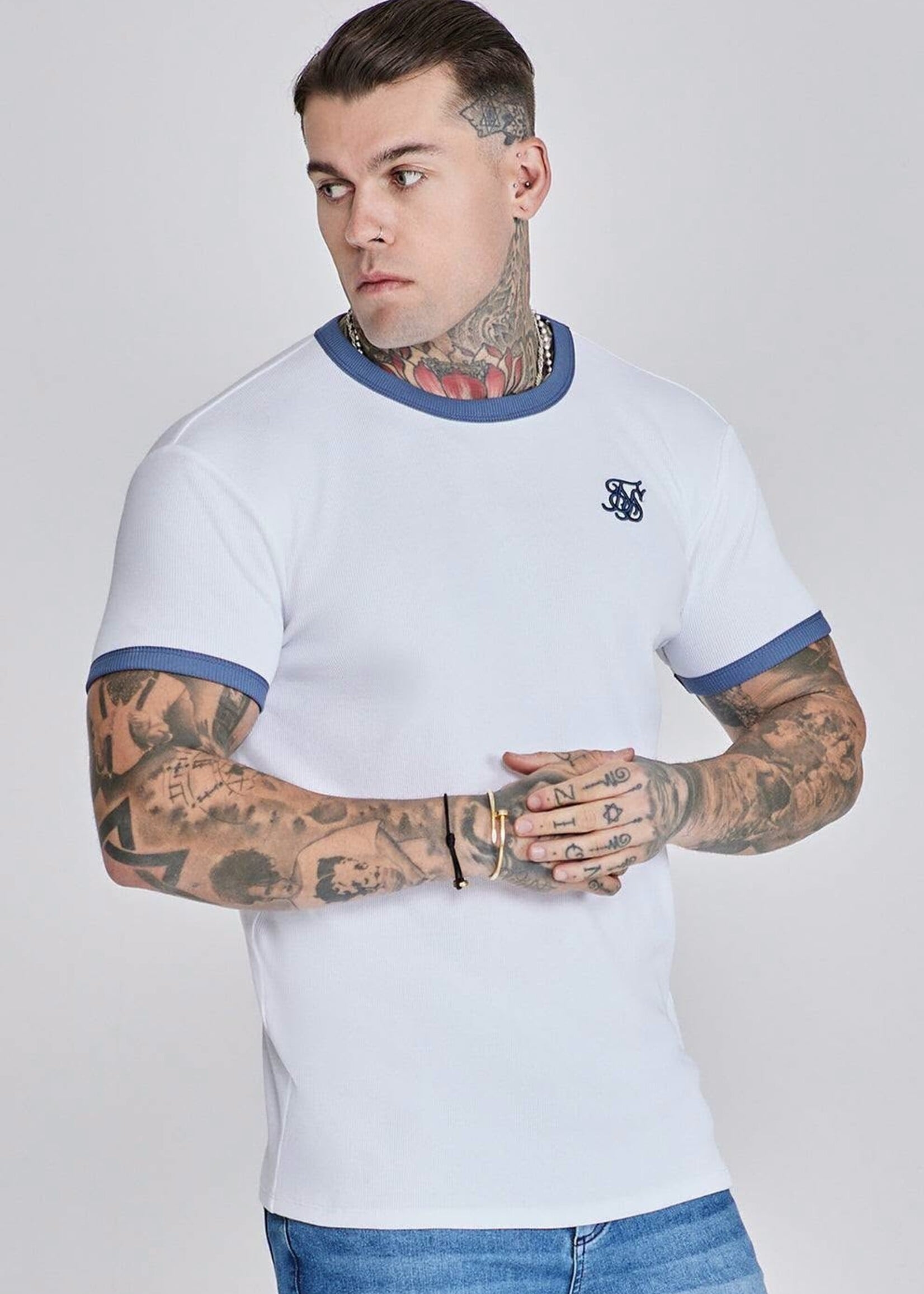 Siksilk geribde t-shirt wit/blauw
